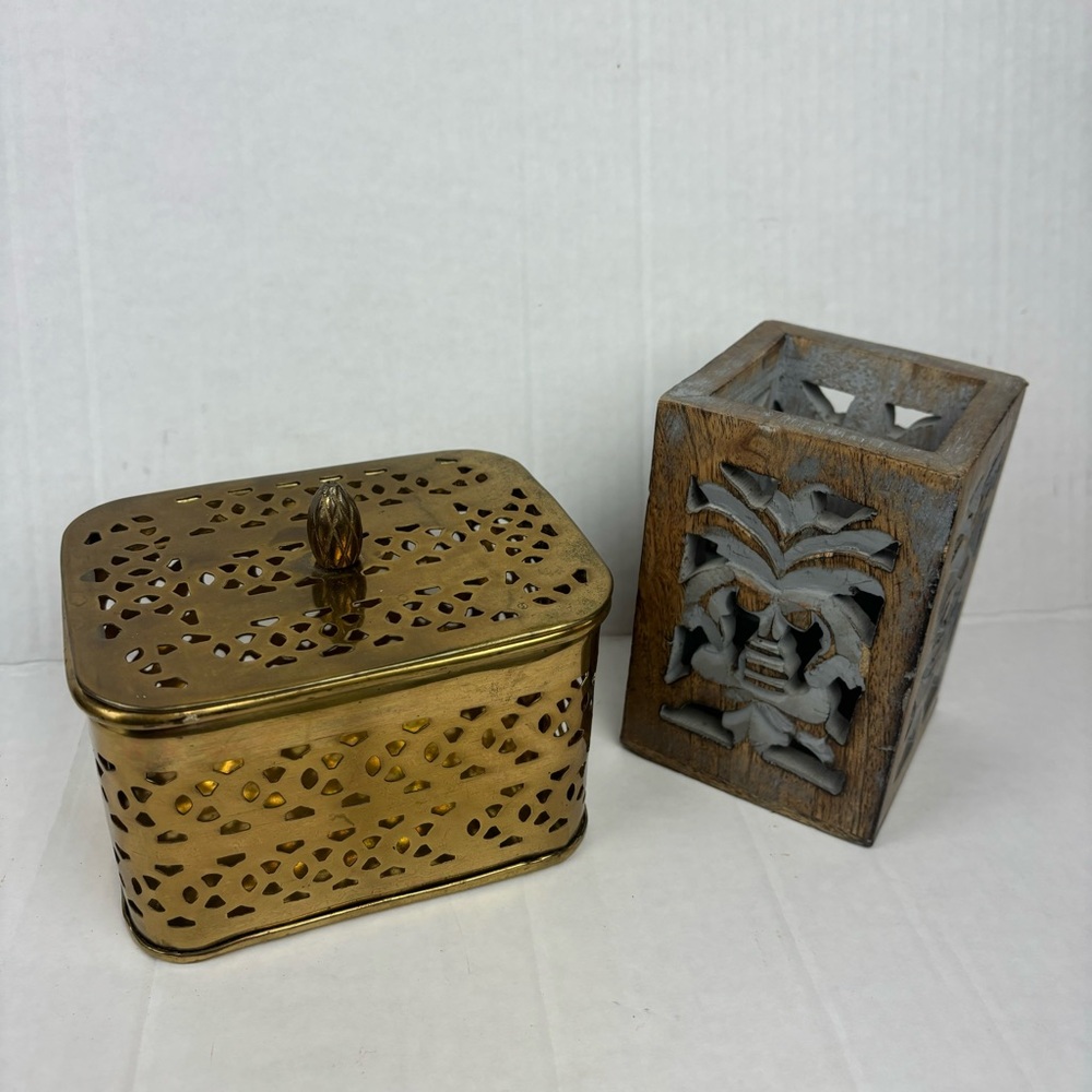 Bohemian style decor set- brass box and wood carved candle holder